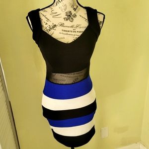 Blue, white and black bodycon dress